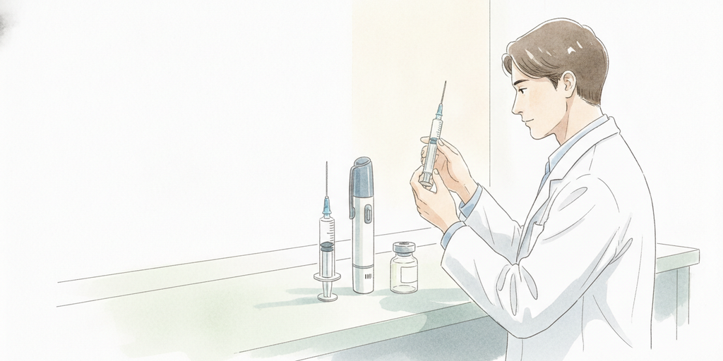 바이오시밀러 CCS 지침 — 프리필드시린지·오토인젝터·바이알을 비교 검토하는 연구원 일러스트