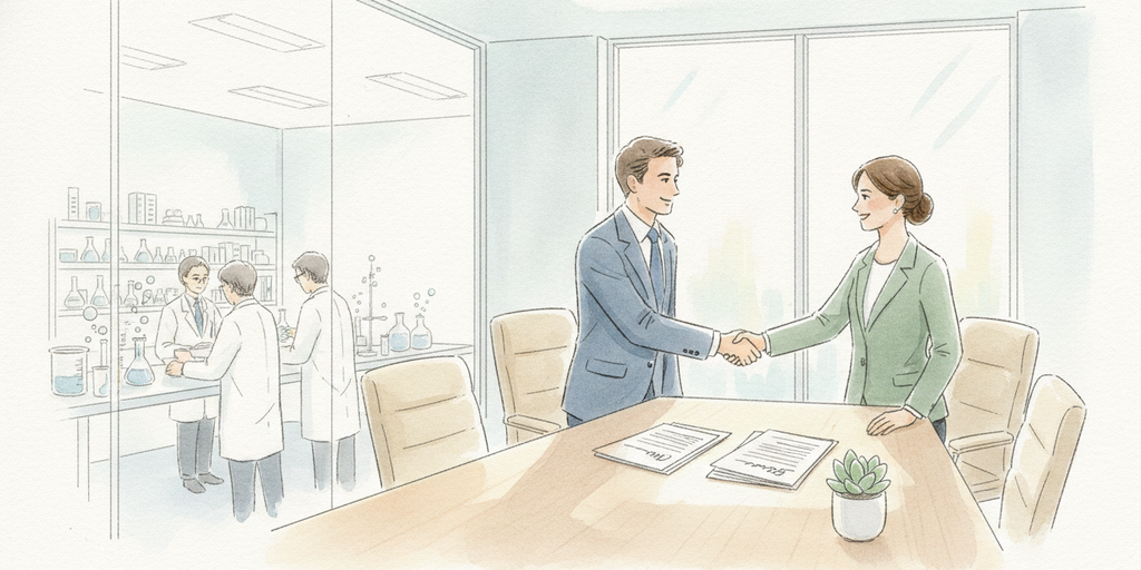한미약품 기술수출 — HM17321 제넨텍 라이선스 계약을 표현한 수채화 일러스트