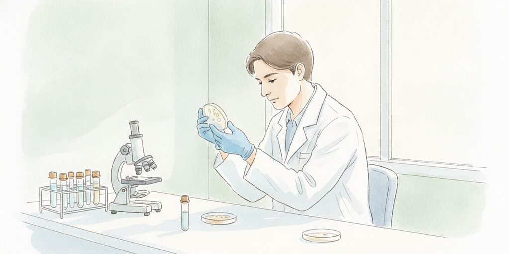 마이크로바이옴 의약품 품질관리 — QC 미생물 실험실에서 페트리 접시를 검토하는 연구원 수채화 일러스트