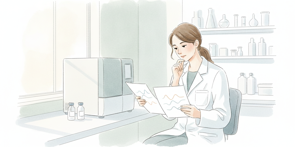 바이오시밀러 간소화 임상 — QC 분석 실험실에서 크로마토그램 품질 비교성 자료를 검토하는 연구원 일러스트